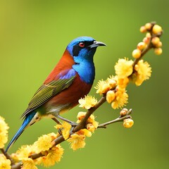Obraz premium Vibrant bird perched on a flowering branch in soft focus