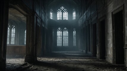 Fototapeta premium Eerie Abandoned Hallway with Gothic Windows and Dust-Filled Light Creating a Dark Ambiance