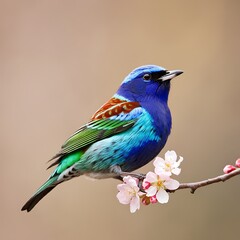 Vibrant bird perched on a flowering branch in soft focus