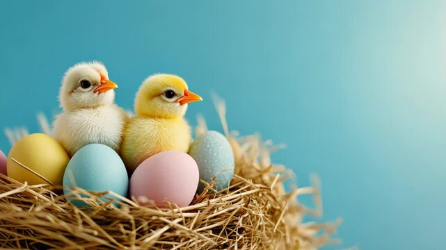 Two fluffy chicks in a nest with colorful Easter eggs symbolize spring and renewal