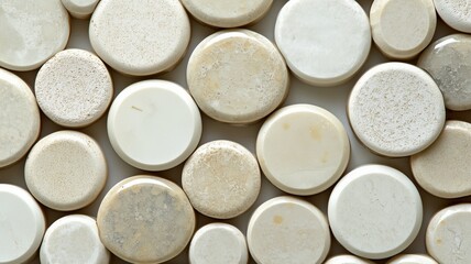 Close-up of smooth, round, off-white stones