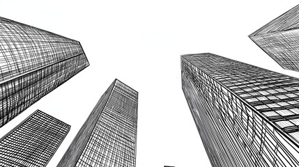 Skyscrapers drawn in black and white with a white background