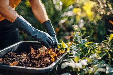 Fototapeta premium Close-Up of Woman Adding Organic Waste to Home Compost Bin for Backyard Gardening