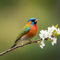 Fototapeta premium Vibrant bird perched on a flowering branch in soft focus