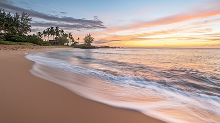Obraz premium Sandy beach with calm waves and a sunset over the ocean