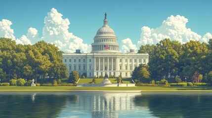 Fototapeta premium illustration of the white house in washington d.c., focusing on the detailed capitol dome with a waving american flag, showcasing national pride and iconic architecture