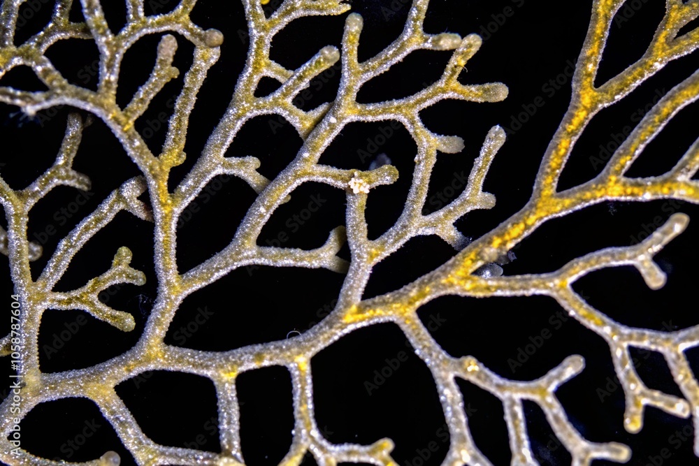 Poster close-up capture of a detailed coral structure with unique yellow patterns on black background