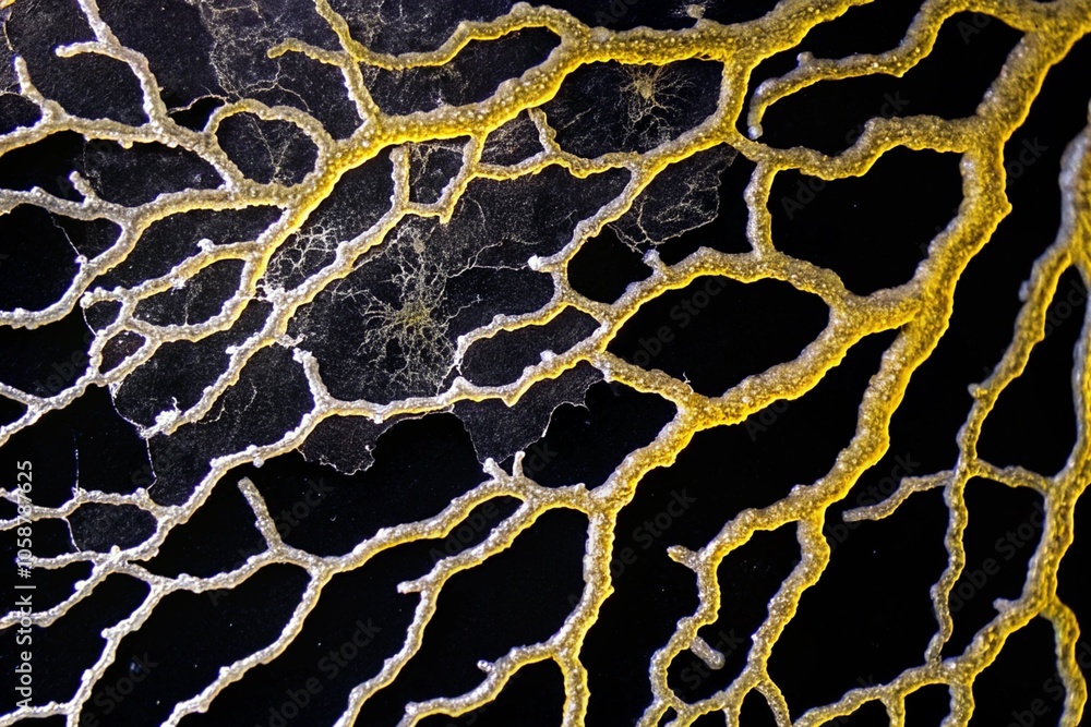 Aufkleber close-up image of yellow fungi network display in dark macro artwork