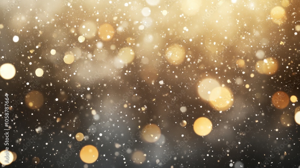 Poster blurry background featuring a snowfall texture complemented by abstract silver and gold bokeh lights