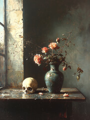 A still life composition with a high vase of red roses and a skull placed on a table, set against a dark background. Greeting card. © elenarostunova