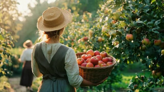 A woman harvesting apples at sunset in a picturesque orchard with a woven basket full of fresh fruit