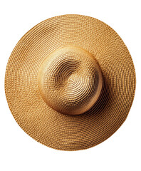 Large woven straw hat with detailed texture, seen from above. Isolated on transparent white background, png