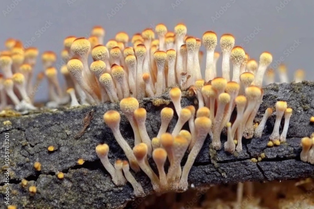 Poster close-up of cluster of orange mushrooms growing on a decomposing log in a forest