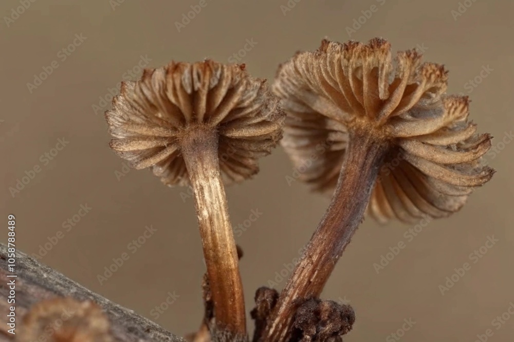Aufkleber macro shot of two delicate brown mushrooms on a log with intricate gills and soft lighting