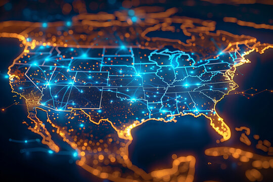 A high-resolution digital visualization of the United States with vibrant network connections and glowing nodes