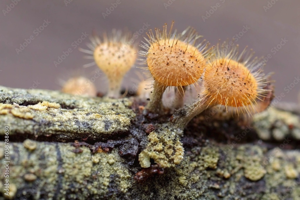 Poster close-up macro of fuzzy orange fungus on moss-covered tree branch