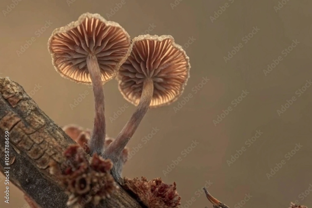 Poster close-up of two mushrooms growing on a tree branch with textured background