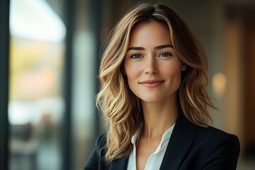 Obraz premium Smiling Blonde Executive with Wavy Hair in Natural Light Headshot