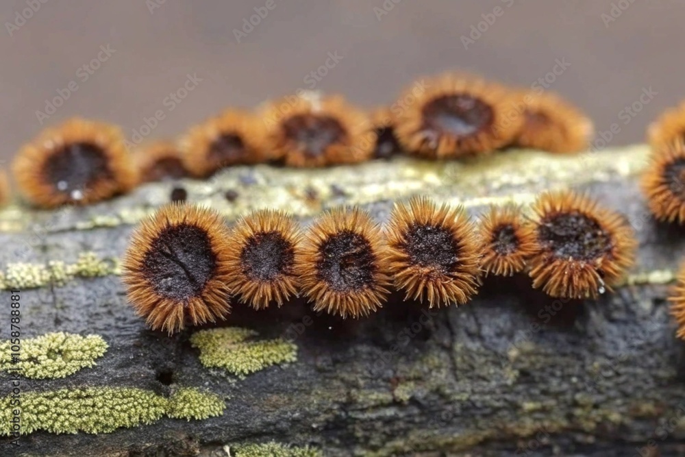 Aufkleber macro shot of fungi on a forest log displaying intricate textures and patterns