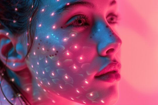 A close-up shot of a woman's face with an even, radiant complexion