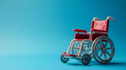 International Day of Disabled Persons. Toy wheelchair on a blue background.Space for text.