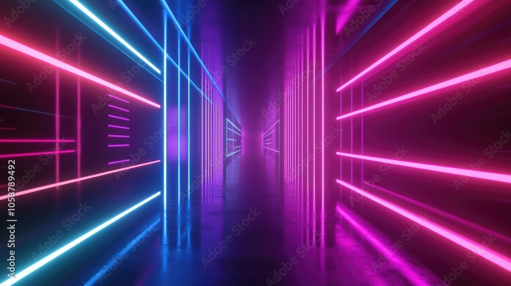 Poster 3d render featuring glowing lines and neon lights creating an abstract background of a corridor or t
