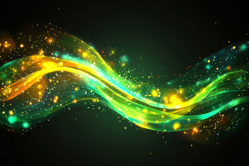 Fototapeta premium Abstract green and yellow glowing waves with sparkling dust.