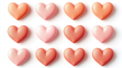 Fototapeta premium Pink and coral hearts arranged on a white background create a visually pleasing display, perfect for conveying love and affection with ample photo style copy space.