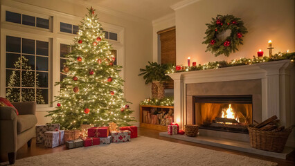 A warm, inviting living room with a decorated Christmas tree, a crackling fireplace, and festive garlands