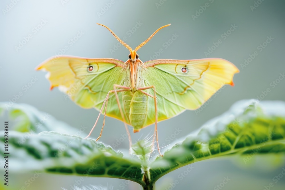 Poster close-up of a moth sitting on a leaf, highlighting its unique features