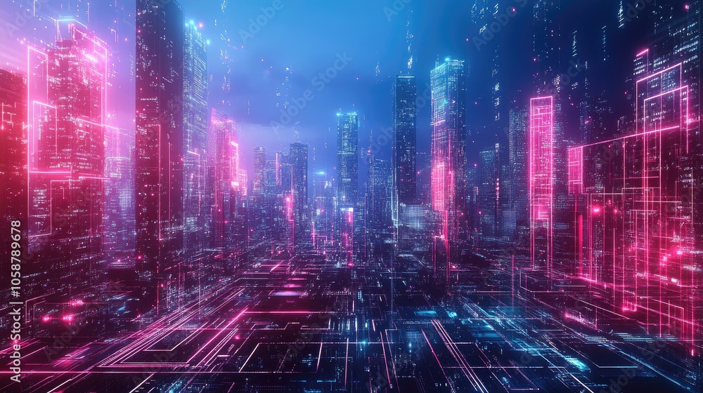 Poster futuristic cityscape featuring neon lights and abstract digital designs representing modern high tec