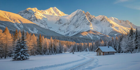 Fototapeta premium A Winding Path Through a Snowy Forest Leads to a Solitary Cabin Nestled at the Base of Majestic Snow-Capped Mountains Bathed in the Warm Glow of a Golden Sunrise