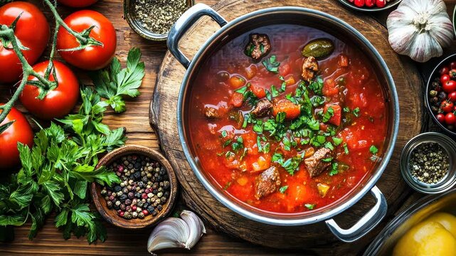Close-up of a pot of tomato-based soup with meat and fresh parsley garnished with peppercorns, tomatoes and garlic on a wooden table.