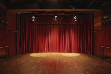 A simple stage setup with red curtains and spotlights, suitable for various performances or presentations