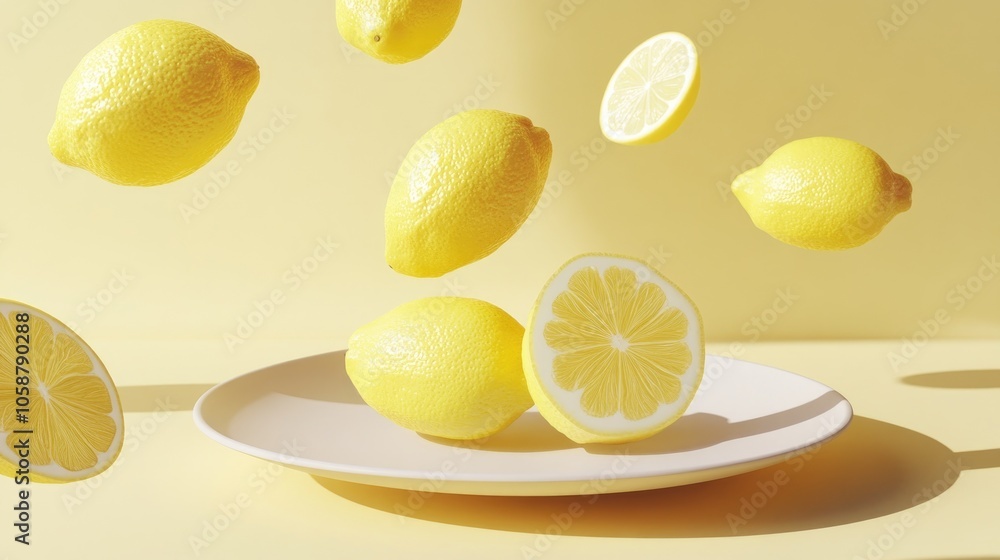 Aufkleber yellow whole and sliced lemons float above a plate in an isometric view showcasing a minimal still l