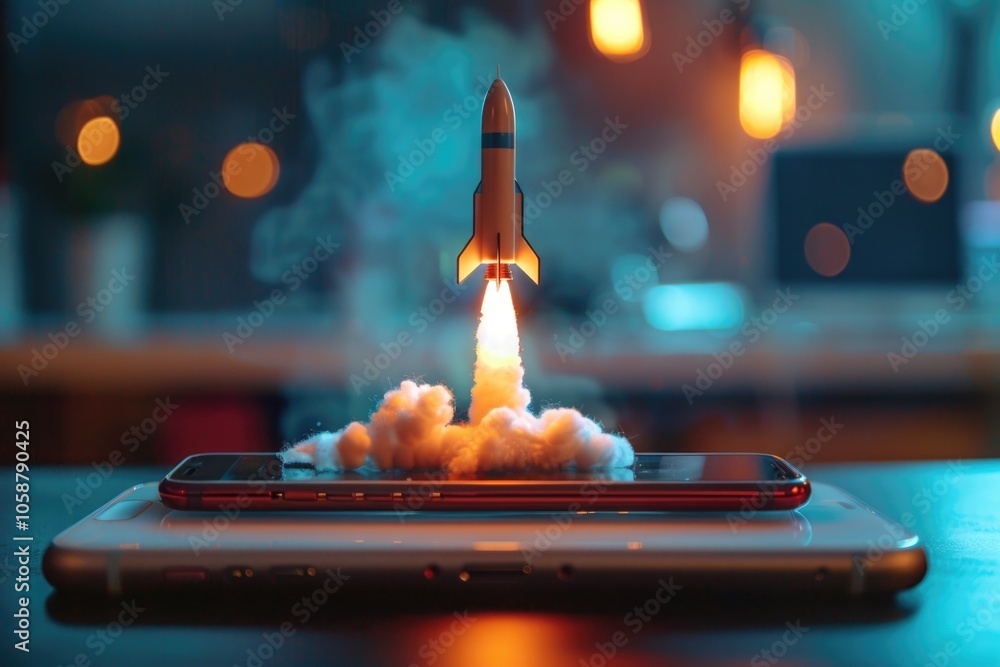 Poster a smartphone with a small rocket attached to the top