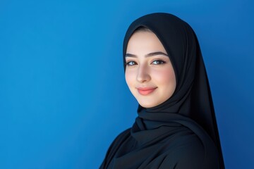 Naklejka premium A woman wears a traditional Islamic headscarf, posed for photography
