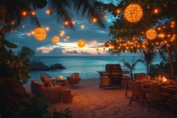 A barbecue on a warm beach, with friends gathered around a grill, festive decorations, and palm trees. Generative AI
