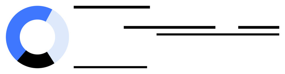 Circular chart showing progress with three segments in blue, black, and light blue, accompanied by horizontal black lines. Ideal for data visualization, progress tracking, infographics