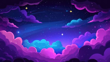 Purple and Blue Nebula Clouds with Stars Animated Cartoon Vector Illustration