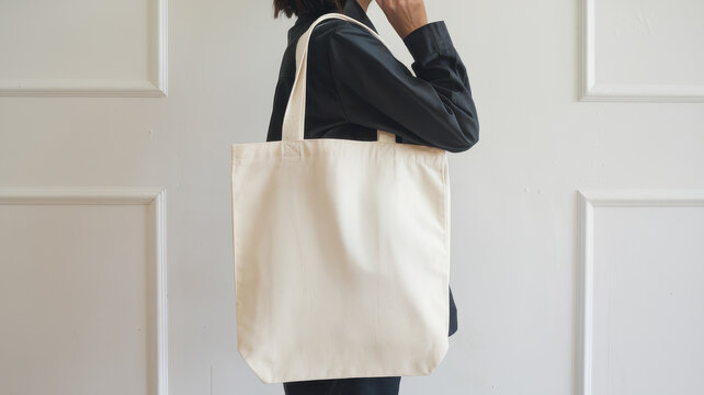 Woman standing with a minimalist style carries a blank white canvas tote bag against a plain background