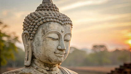 Fototapeta premium Tranquil Stone Face of a Buddha Statue Gazing Out at the Setting Sun, Serene and Peaceful, Immersed in a Moment of Deep Reflection