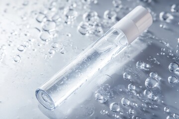 A clear glass water bottle sits on a table surface, ready for use