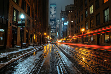 nighttime urban wonder city streets blanketed in snow