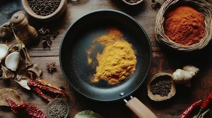 Empty frypan surrounded by aromatic spices arranged on a kitchen table. The frypan and spices create an inviting culinary scene with ample photo space for design elements. © ShStock