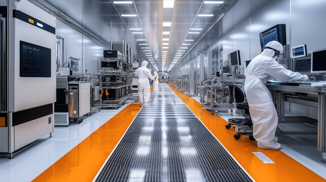 Interior of a cleanroom in a semiconductor manufacturing facility with technicians in protective suits working at computer stations and overseeing equipment.