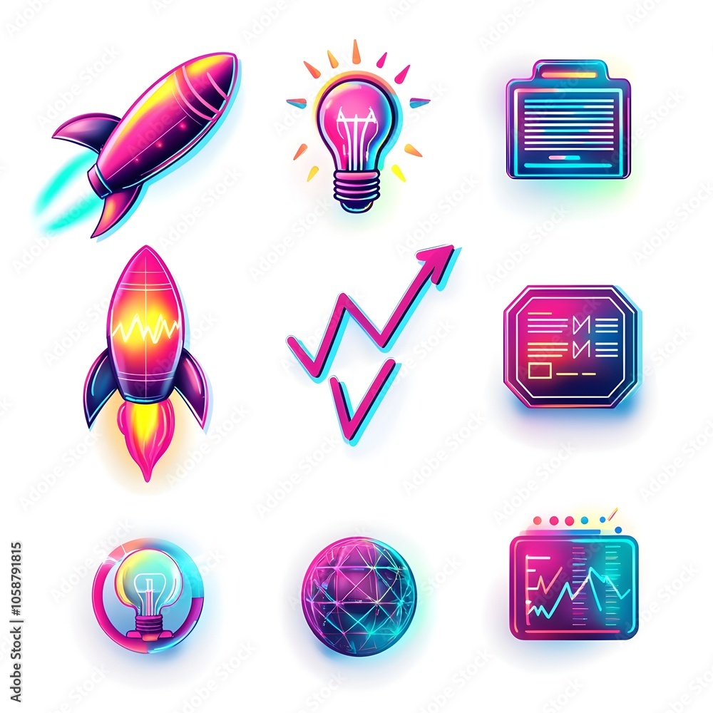 Poster neon accented tech startup icons featuring rocket lightbulb code and growth graph in futuristic slee