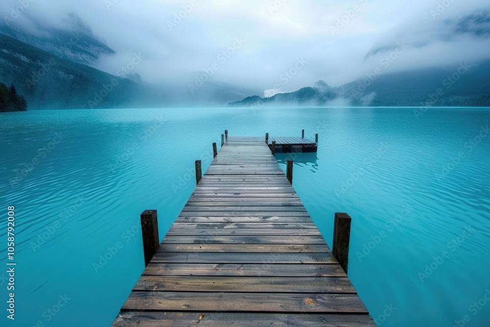 Poster a wooden dock extending into a calm lake or sea