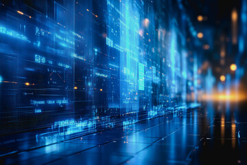 Obraz premium Explore a vibrant, futuristic digital grid illuminated in blue tones, creating an abstract environment filled with data and dynamic patterns. Perfect for technology-themed projects.