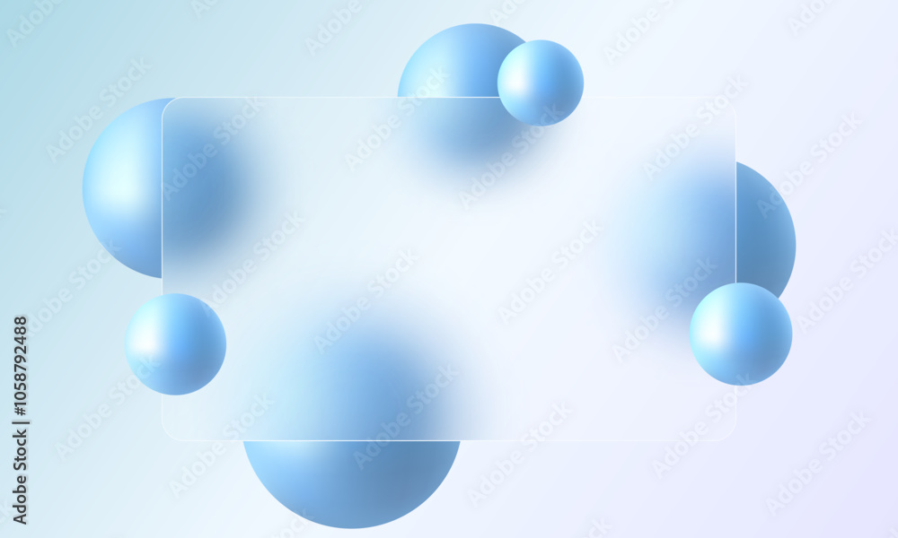 Poster glass morphism website landing page template. frosted glass partition with floating blue spheres.